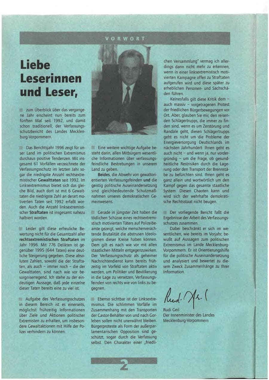 Seite 2 des Verfassungsschutzbericht 1996 Mecklenburg-Vorpommern