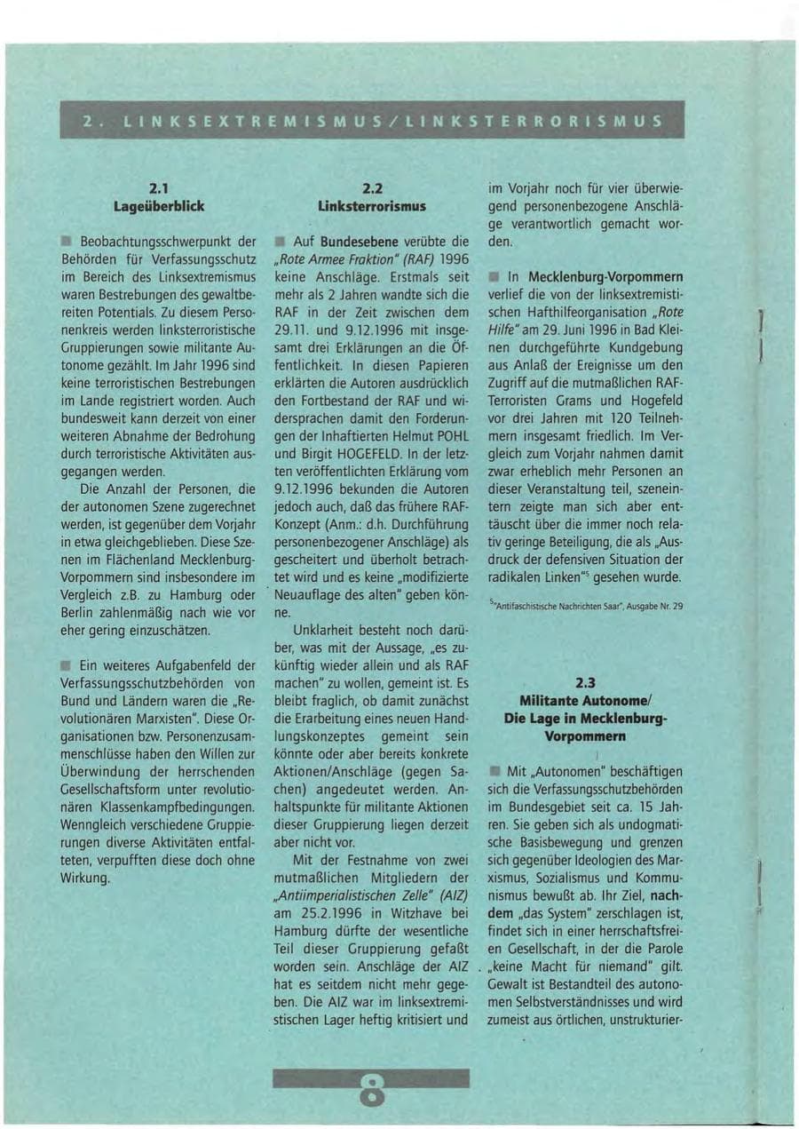 Seite 8 des Verfassungsschutzbericht 1996 Mecklenburg-Vorpommern