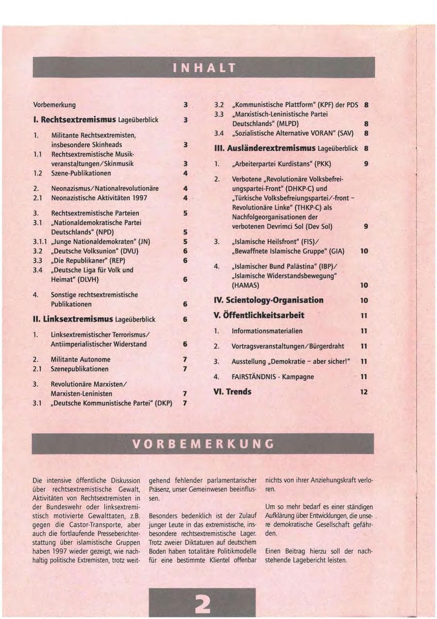 Seite 2 des Verfassungsschutzbericht 1997 Mecklenburg-Vorpommern