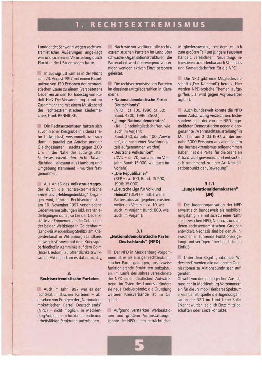 Seite 5 des Verfassungsschutzbericht 1997 Mecklenburg-Vorpommern