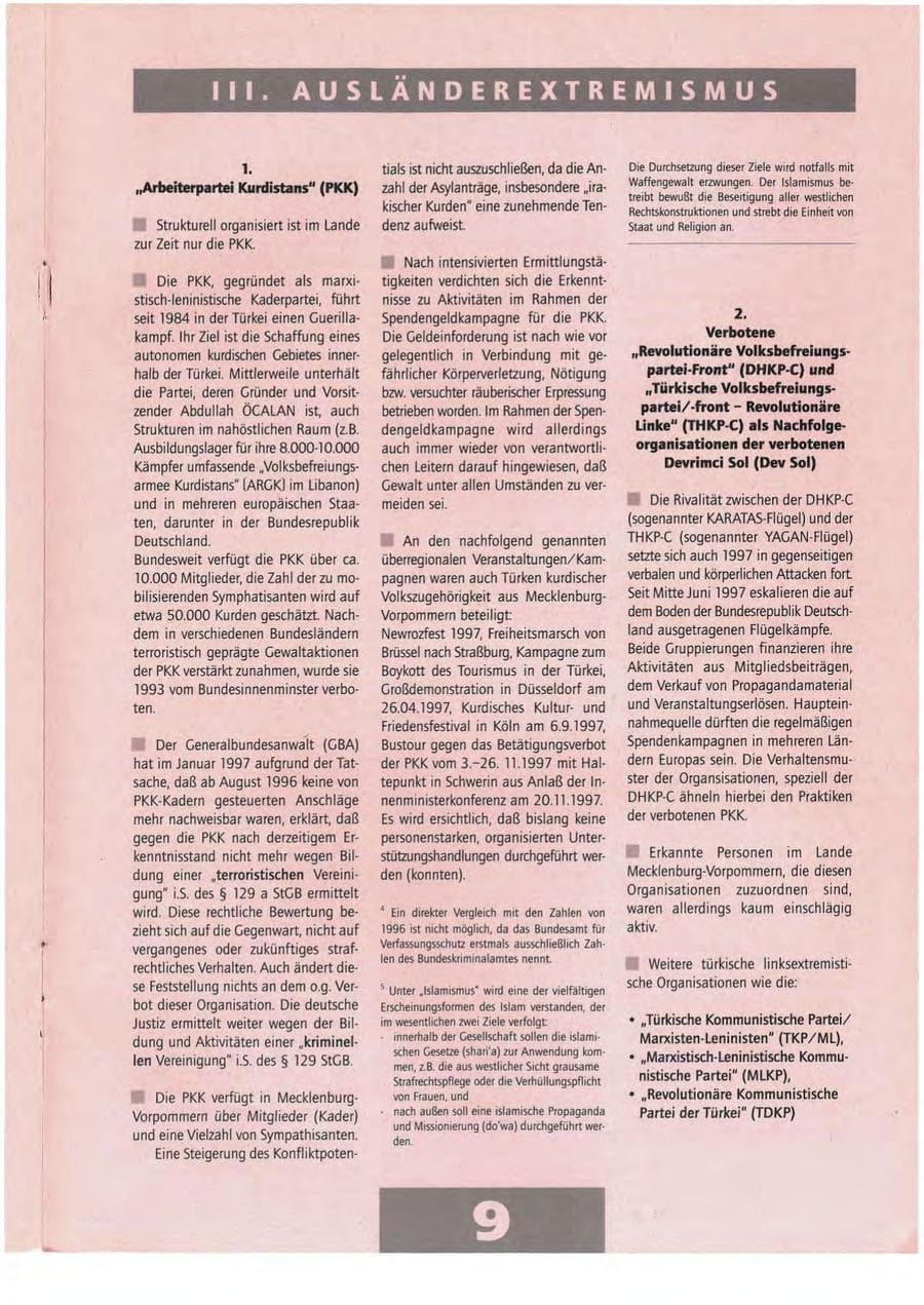 Seite 9 des Verfassungsschutzbericht 1997 Mecklenburg-Vorpommern