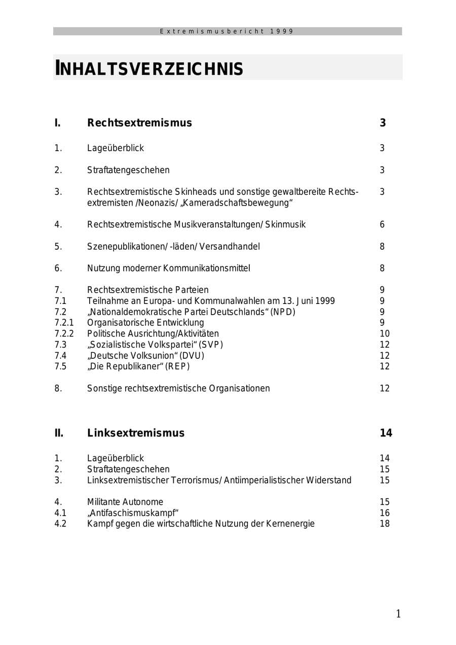 Seite 2 des Verfassungsschutzbericht 1999 Mecklenburg-Vorpommern
