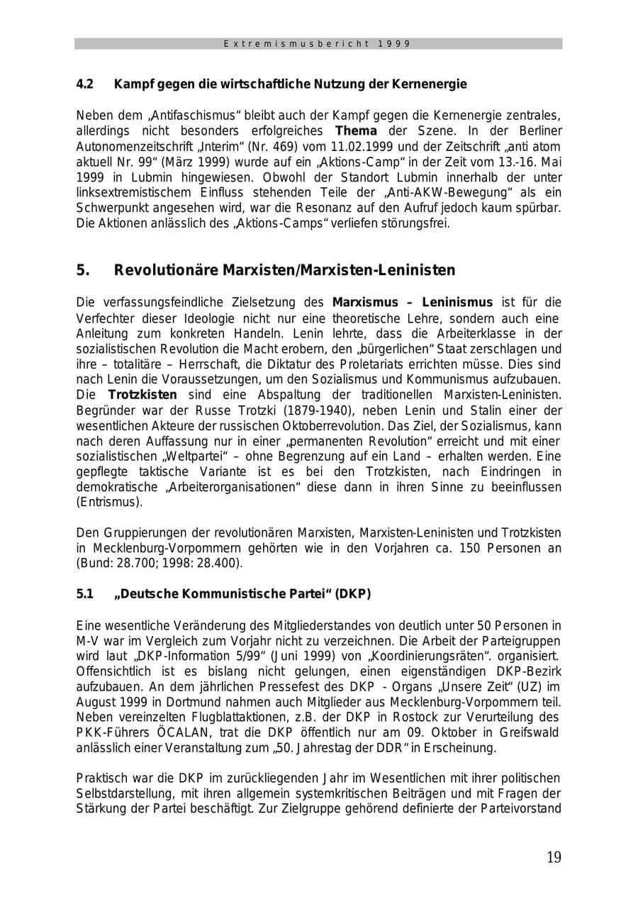 Seite 20 des Verfassungsschutzbericht 1999 Mecklenburg-Vorpommern