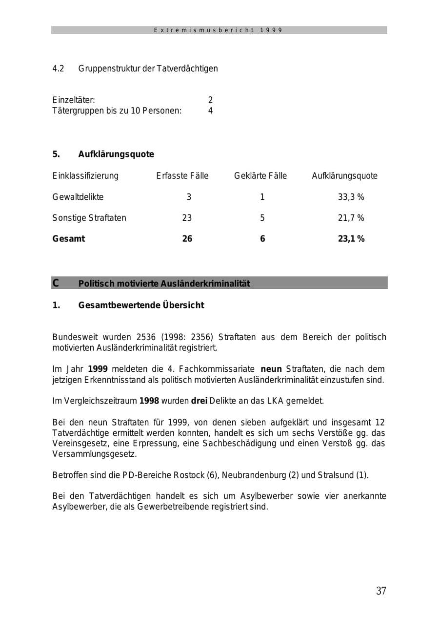 Seite 38 des Verfassungsschutzbericht 1999 Mecklenburg-Vorpommern