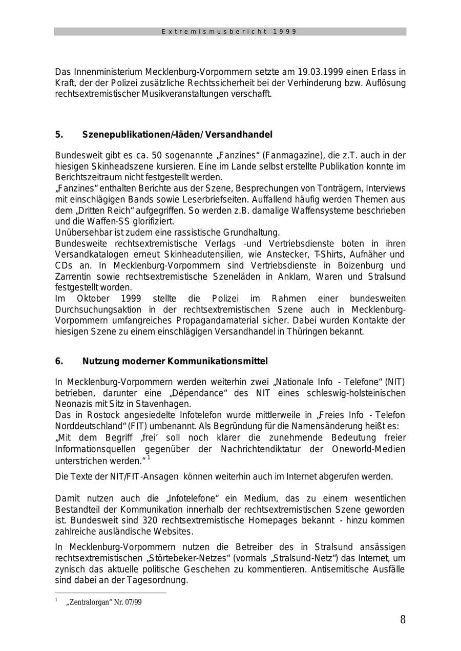 Seite 9 des Verfassungsschutzbericht 1999 Mecklenburg-Vorpommern