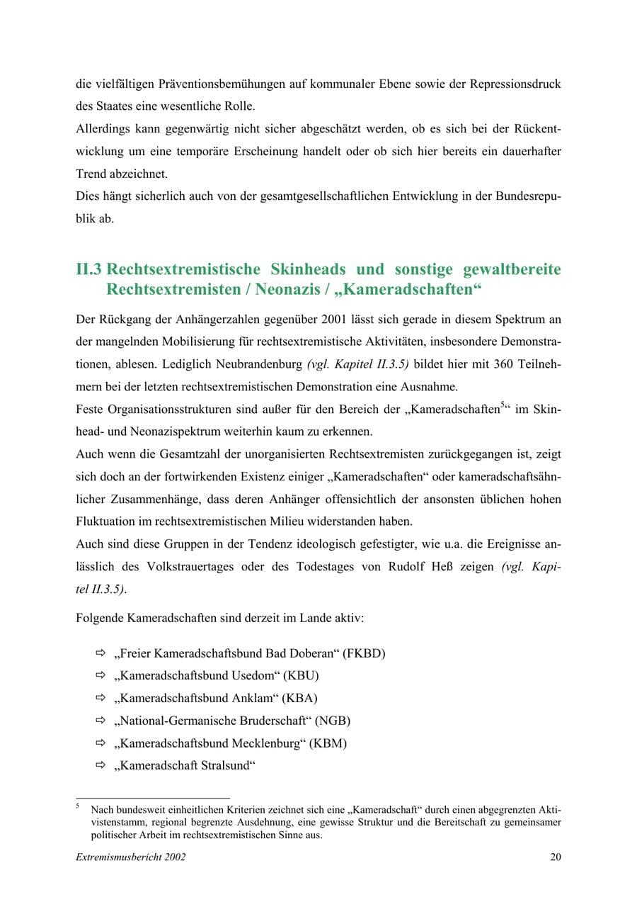 Seite 20 des Verfassungsschutzbericht 2002 Mecklenburg-Vorpommern