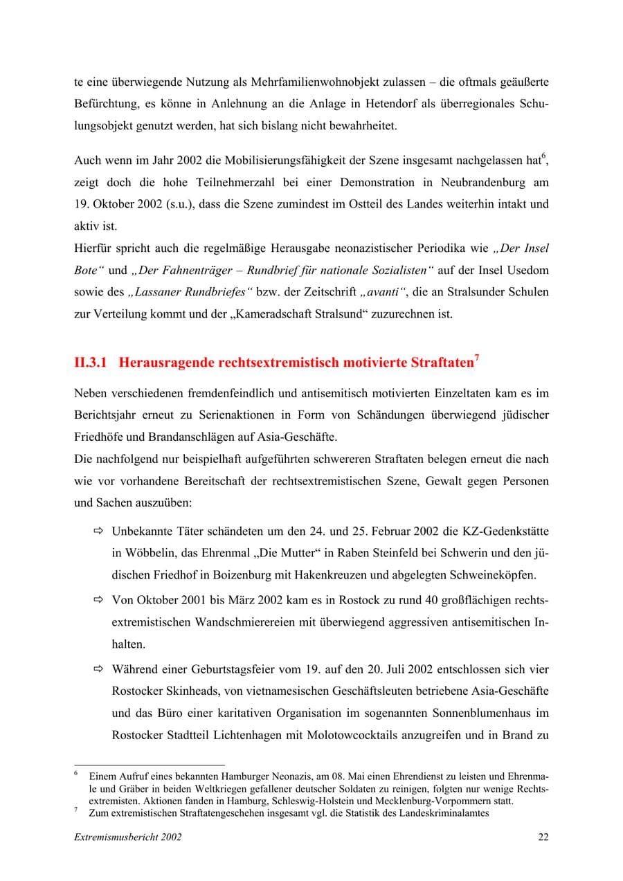 Seite 22 des Verfassungsschutzbericht 2002 Mecklenburg-Vorpommern