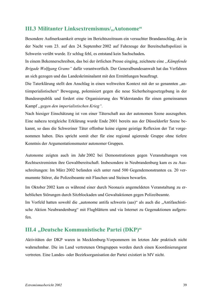 Seite 39 des Verfassungsschutzbericht 2002 Mecklenburg-Vorpommern