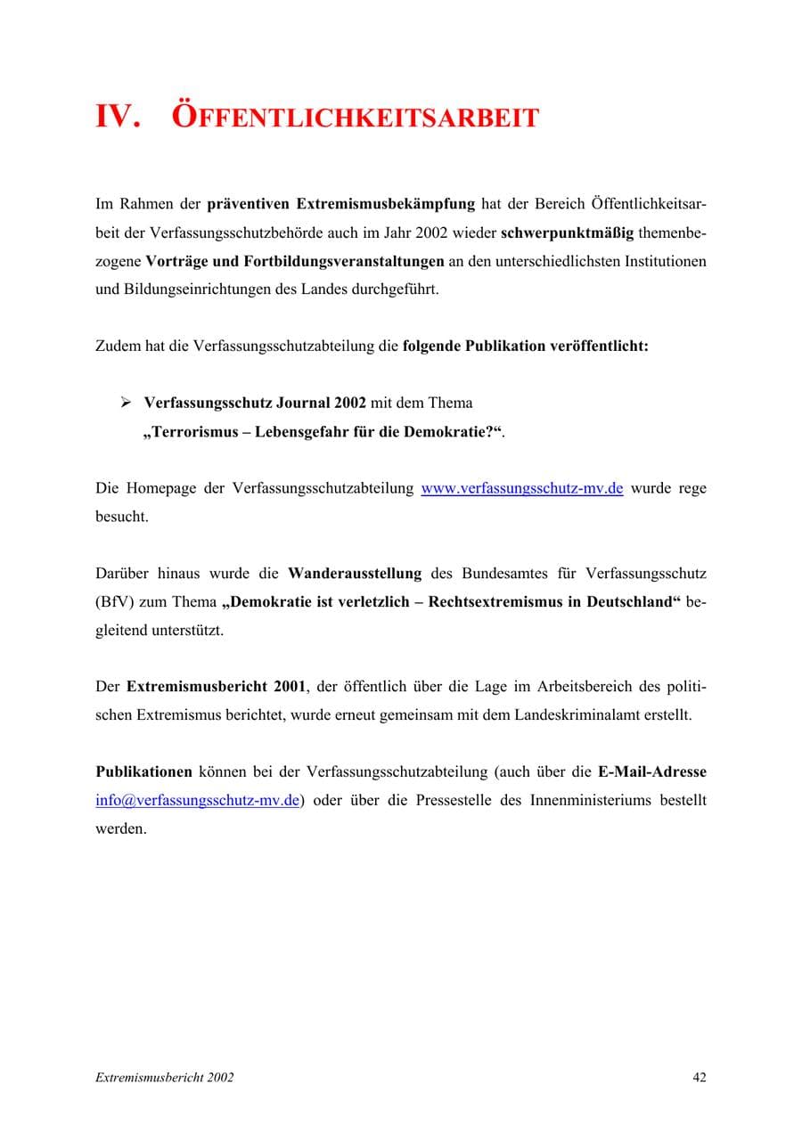 Seite 42 des Verfassungsschutzbericht 2002 Mecklenburg-Vorpommern