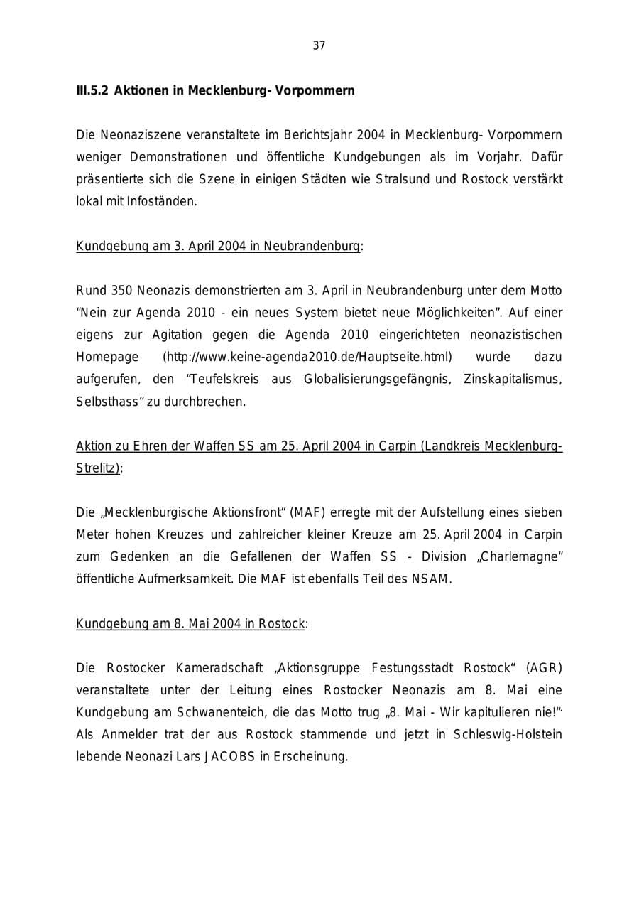 Seite 37 des Verfassungsschutzbericht 2004 Mecklenburg-Vorpommern
