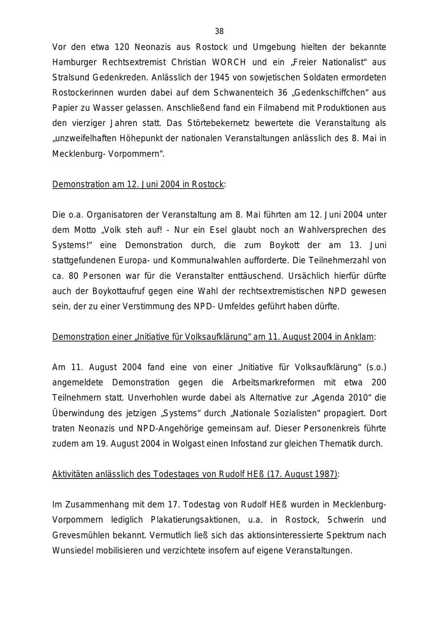 Seite 38 des Verfassungsschutzbericht 2004 Mecklenburg-Vorpommern
