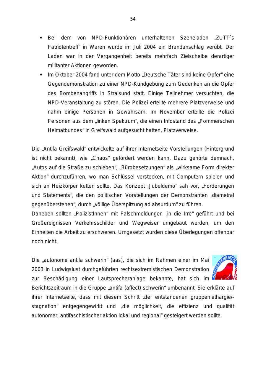 Seite 54 des Verfassungsschutzbericht 2004 Mecklenburg-Vorpommern