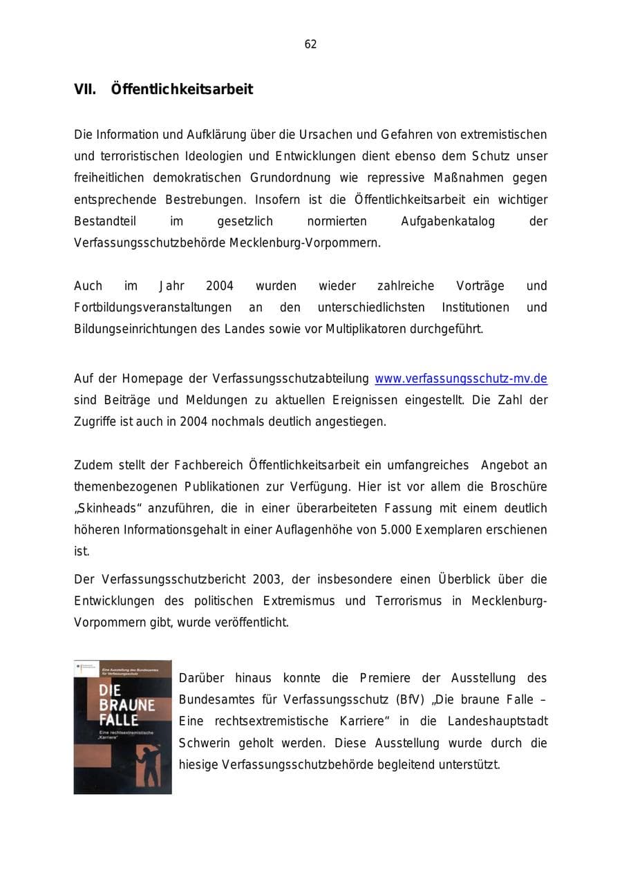 Seite 62 des Verfassungsschutzbericht 2004 Mecklenburg-Vorpommern