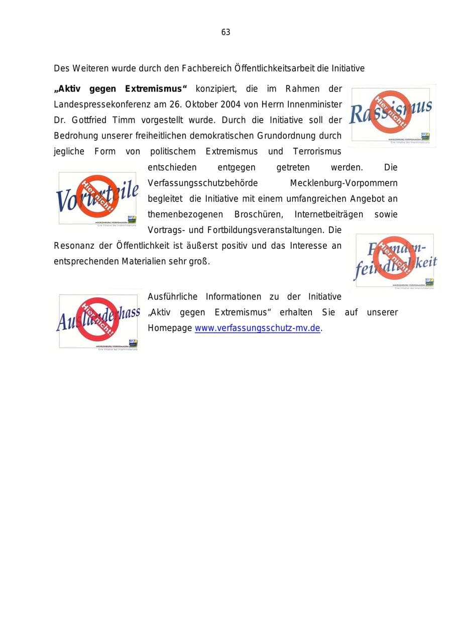 Seite 63 des Verfassungsschutzbericht 2004 Mecklenburg-Vorpommern