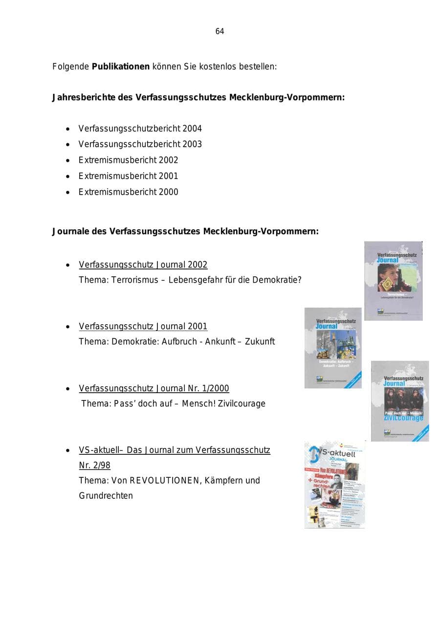 Seite 64 des Verfassungsschutzbericht 2004 Mecklenburg-Vorpommern