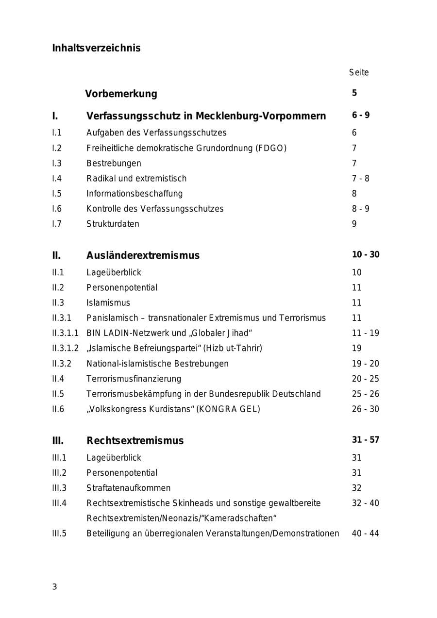 Seite 3 des Verfassungsschutzbericht 2005 Mecklenburg-Vorpommern