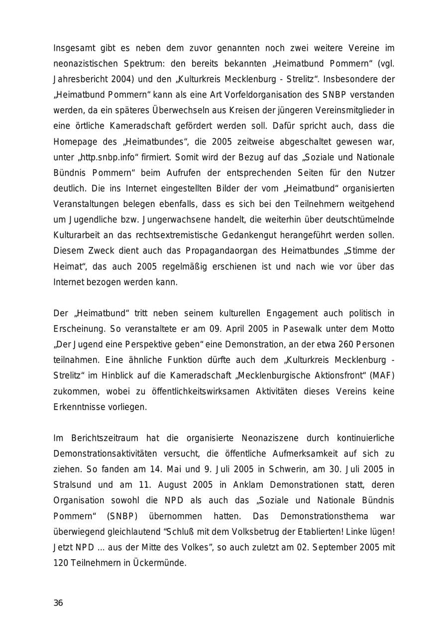 Seite 36 des Verfassungsschutzbericht 2005 Mecklenburg-Vorpommern