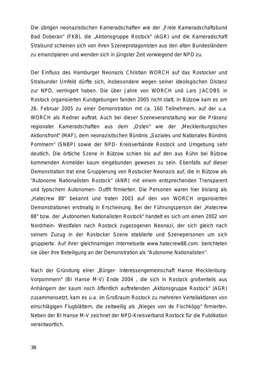 Seite 38 des Verfassungsschutzbericht 2005 Mecklenburg-Vorpommern