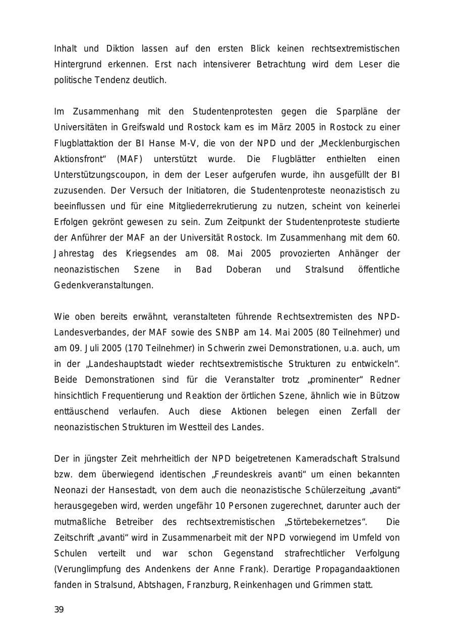 Seite 39 des Verfassungsschutzbericht 2005 Mecklenburg-Vorpommern