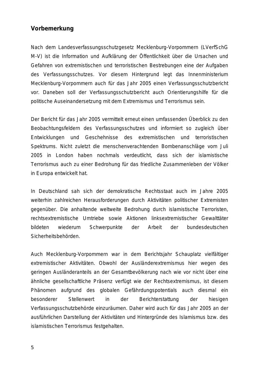 Seite 5 des Verfassungsschutzbericht 2005 Mecklenburg-Vorpommern