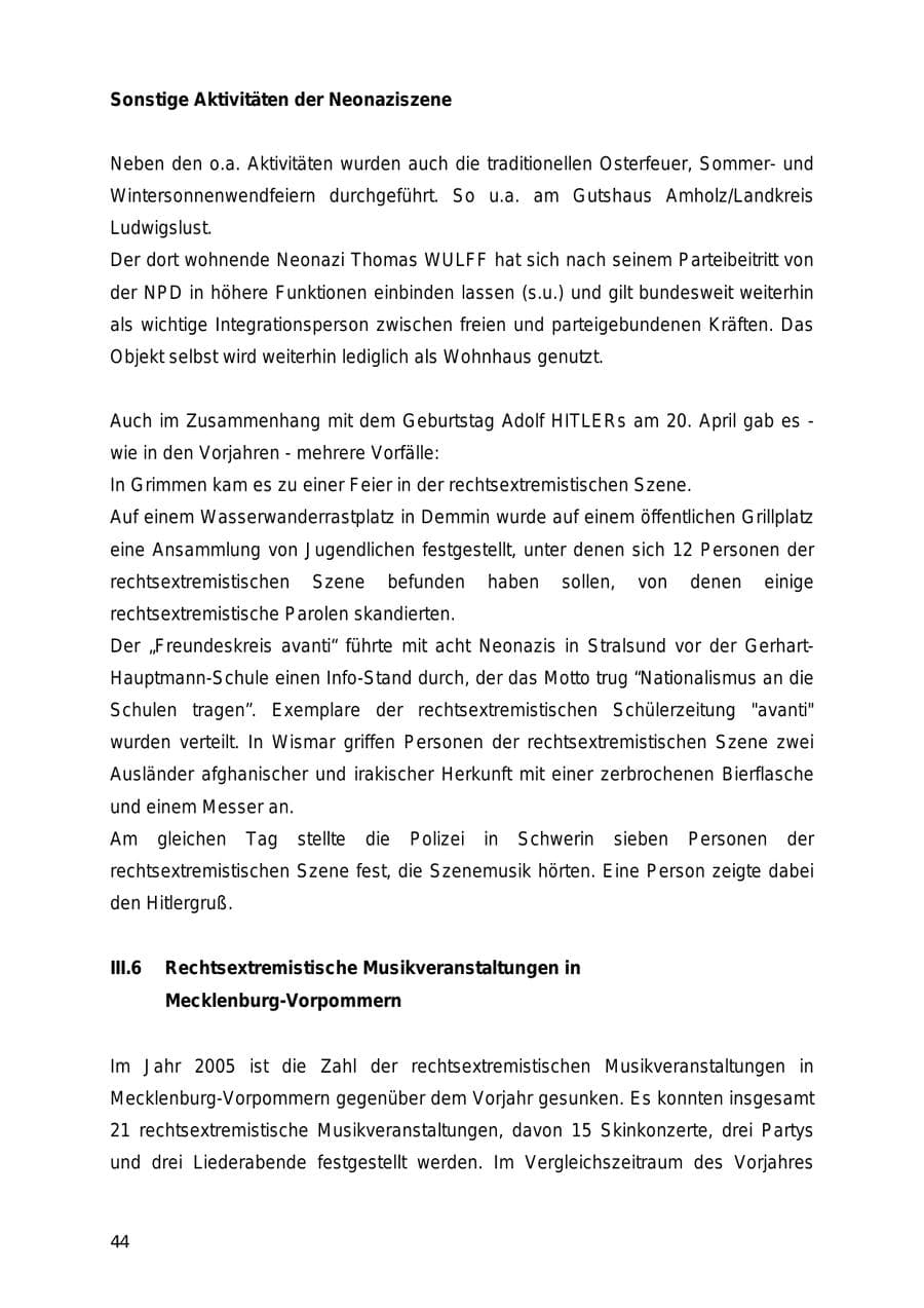 Seite 44 des Verfassungsschutzbericht 2005 Mecklenburg-Vorpommern