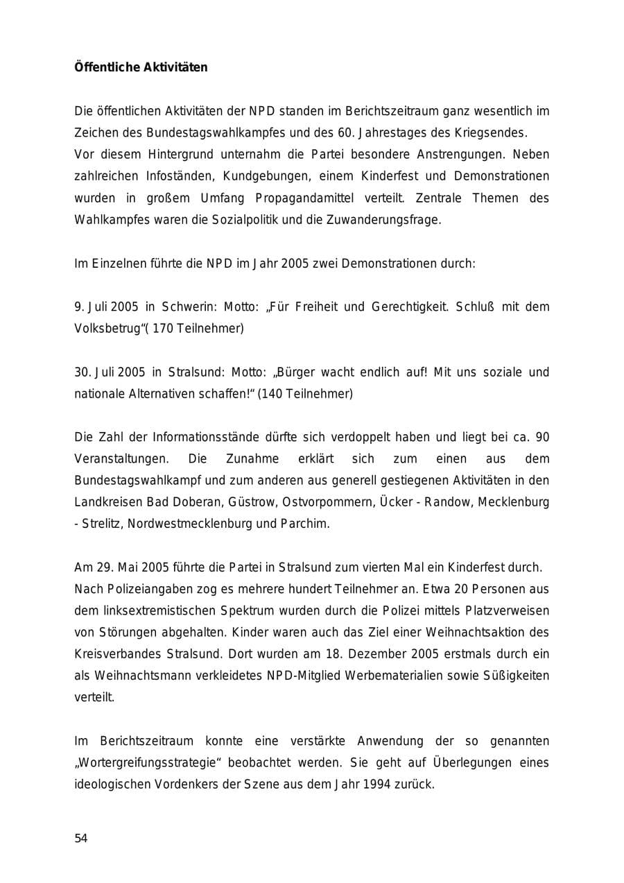 Seite 54 des Verfassungsschutzbericht 2005 Mecklenburg-Vorpommern