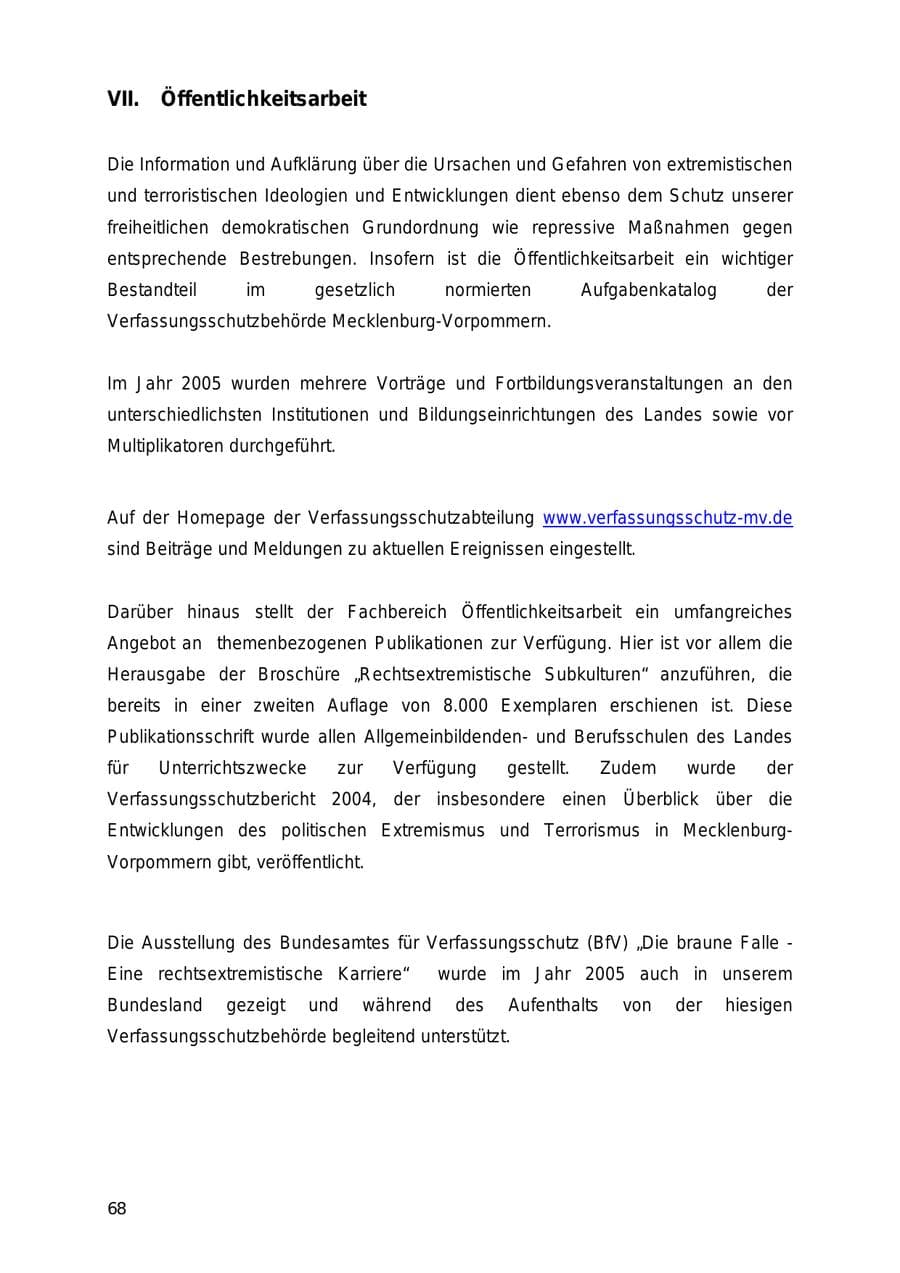 Seite 68 des Verfassungsschutzbericht 2005 Mecklenburg-Vorpommern