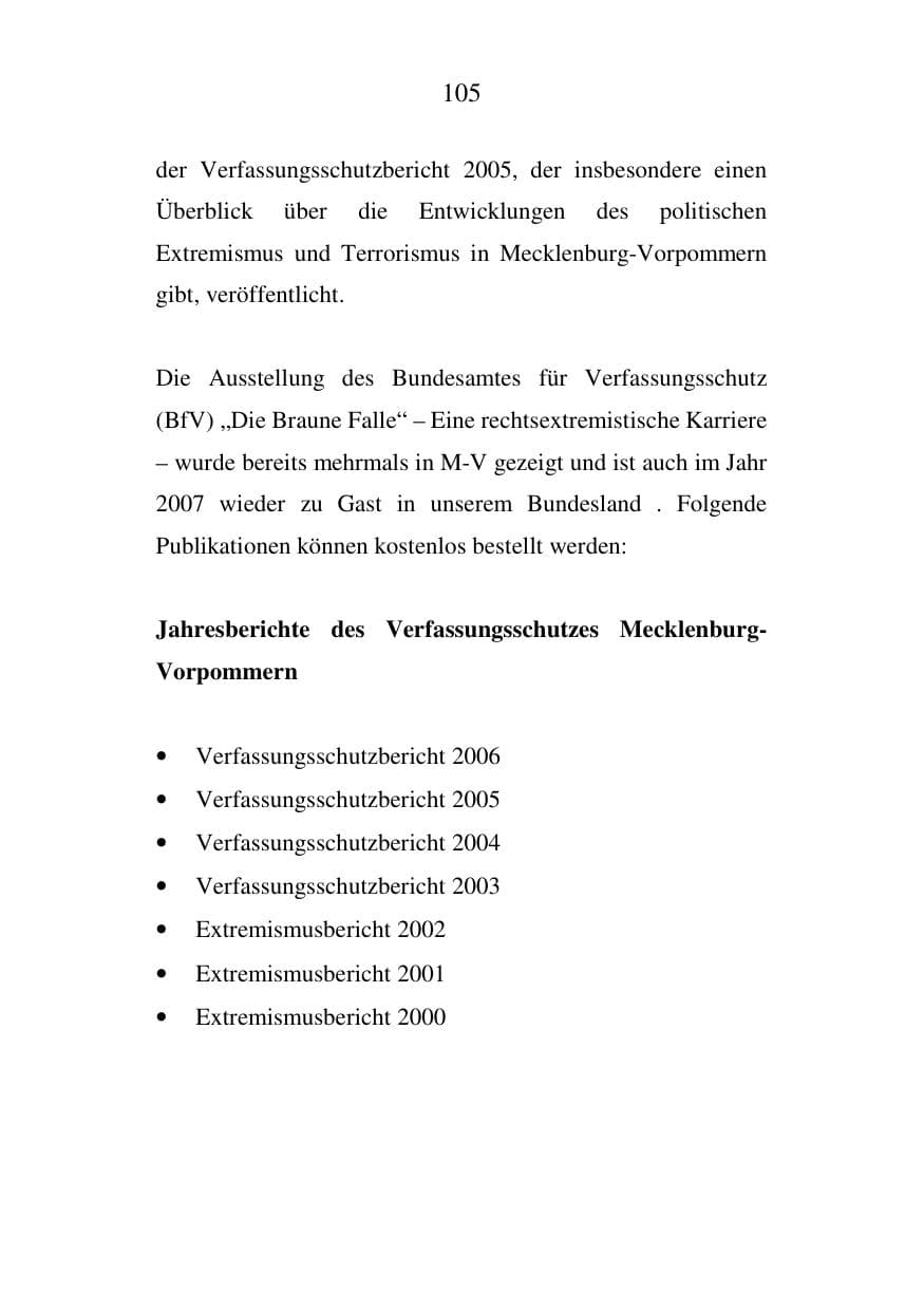 Seite 106 des Verfassungsschutzbericht 2006 Mecklenburg-Vorpommern