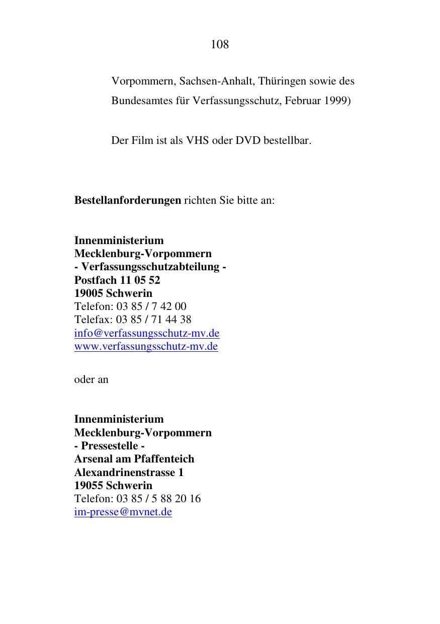 Seite 109 des Verfassungsschutzbericht 2006 Mecklenburg-Vorpommern