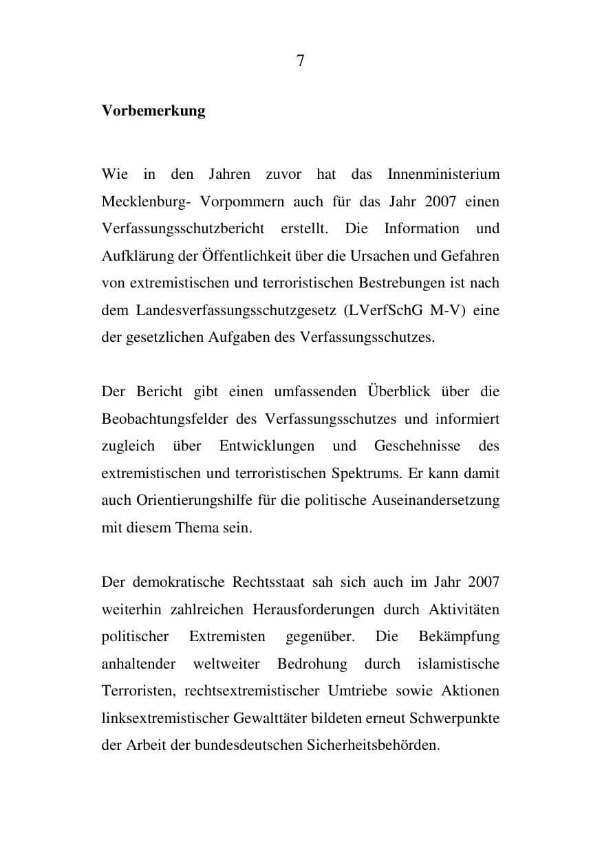 Seite 7 des Verfassungsschutzbericht 2007 Mecklenburg-Vorpommern