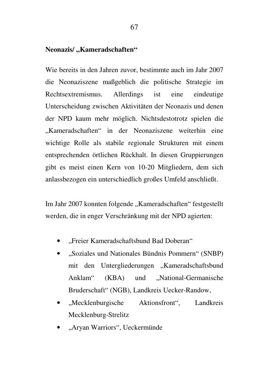 Seite 67 des Verfassungsschutzbericht 2007 Mecklenburg-Vorpommern