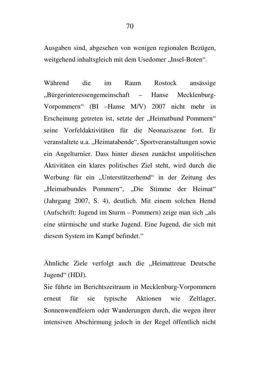 Seite 70 des Verfassungsschutzbericht 2007 Mecklenburg-Vorpommern