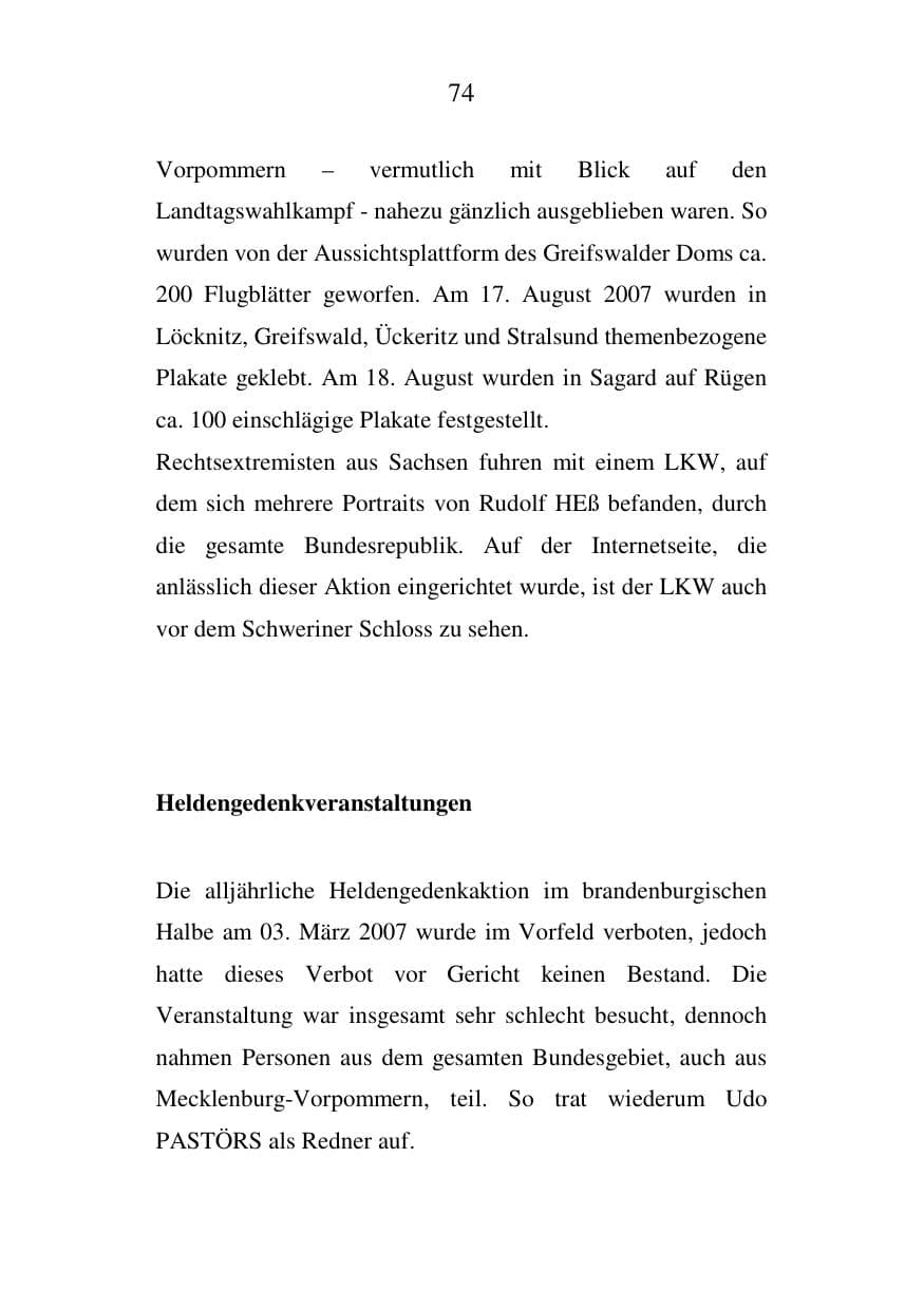 Seite 74 des Verfassungsschutzbericht 2007 Mecklenburg-Vorpommern