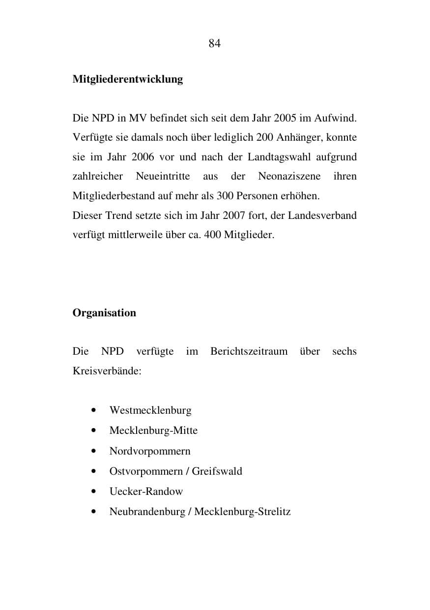 Seite 84 des Verfassungsschutzbericht 2007 Mecklenburg-Vorpommern