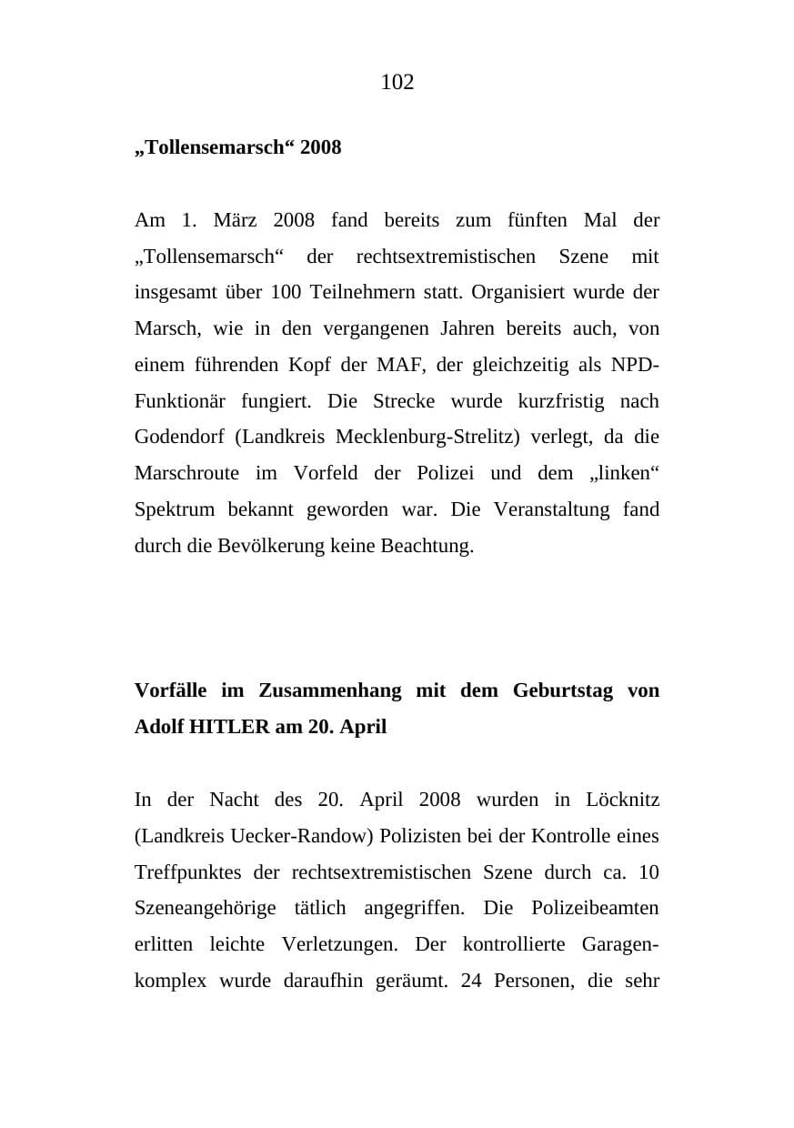 Seite 102 des Verfassungsschutzbericht 2008 Mecklenburg-Vorpommern