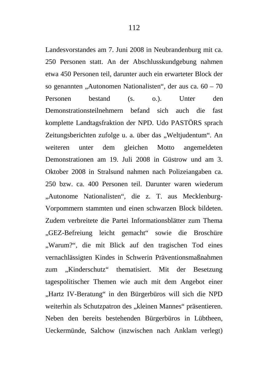 Seite 112 des Verfassungsschutzbericht 2008 Mecklenburg-Vorpommern
