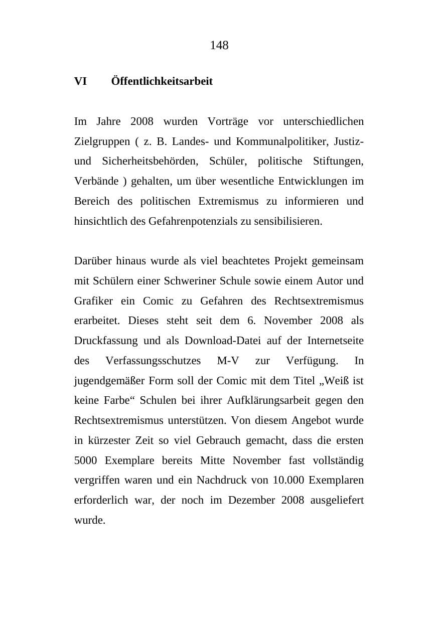 Seite 148 des Verfassungsschutzbericht 2008 Mecklenburg-Vorpommern