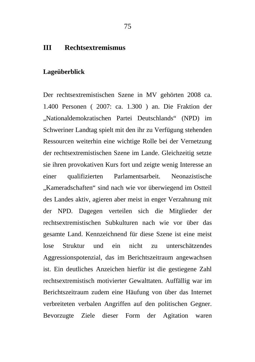 Seite 75 des Verfassungsschutzbericht 2008 Mecklenburg-Vorpommern