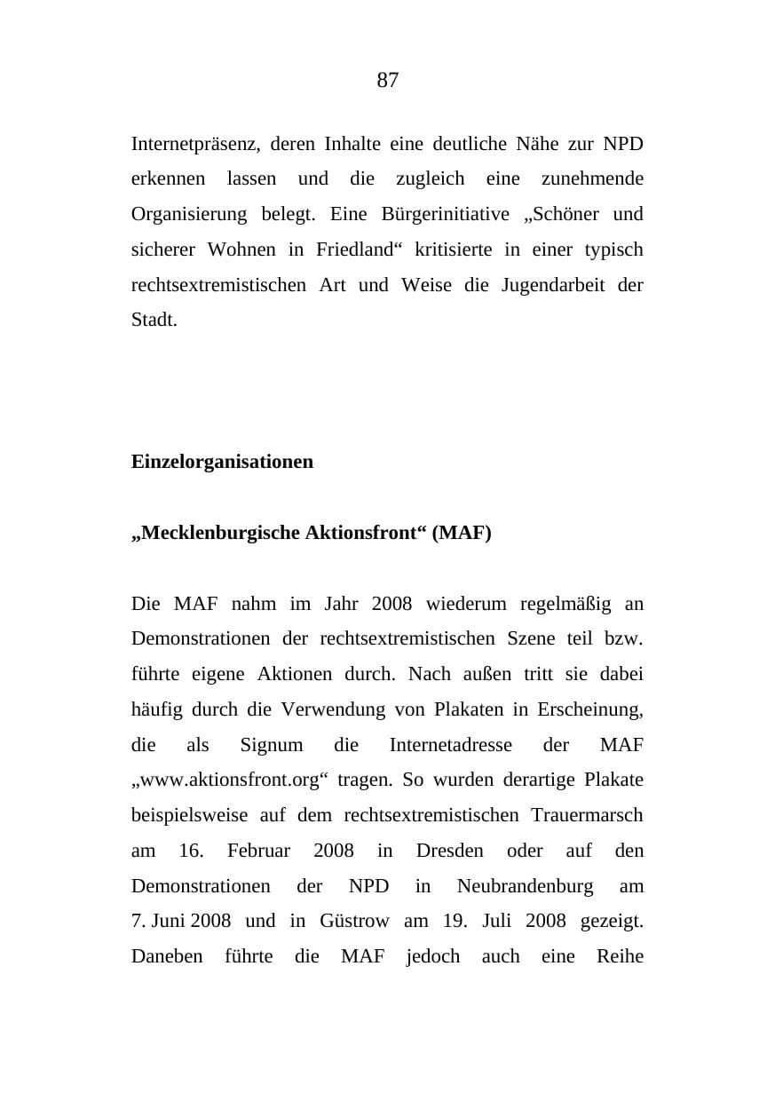 Seite 87 des Verfassungsschutzbericht 2008 Mecklenburg-Vorpommern