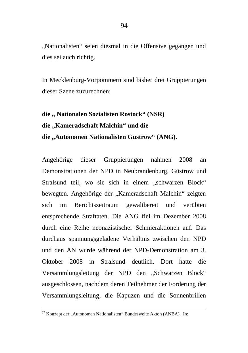 Seite 94 des Verfassungsschutzbericht 2008 Mecklenburg-Vorpommern