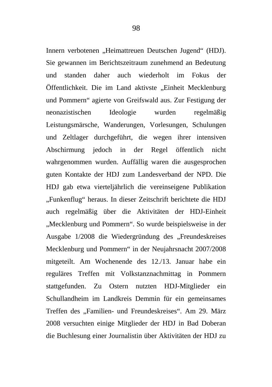 Seite 98 des Verfassungsschutzbericht 2008 Mecklenburg-Vorpommern
