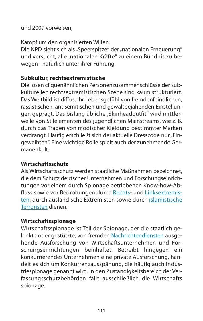 Seite 112 des Verfassungsschutzbericht 2009 Mecklenburg-Vorpommern