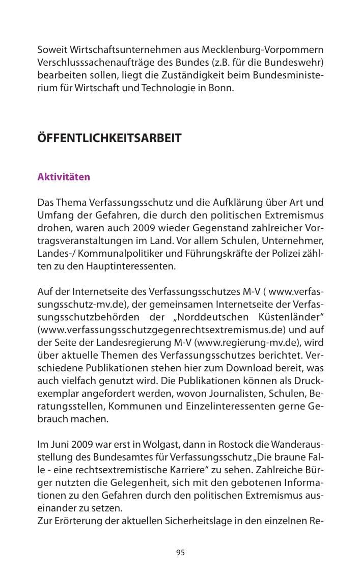 Seite 96 des Verfassungsschutzbericht 2009 Mecklenburg-Vorpommern