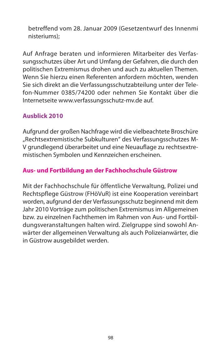 Seite 99 des Verfassungsschutzbericht 2009 Mecklenburg-Vorpommern