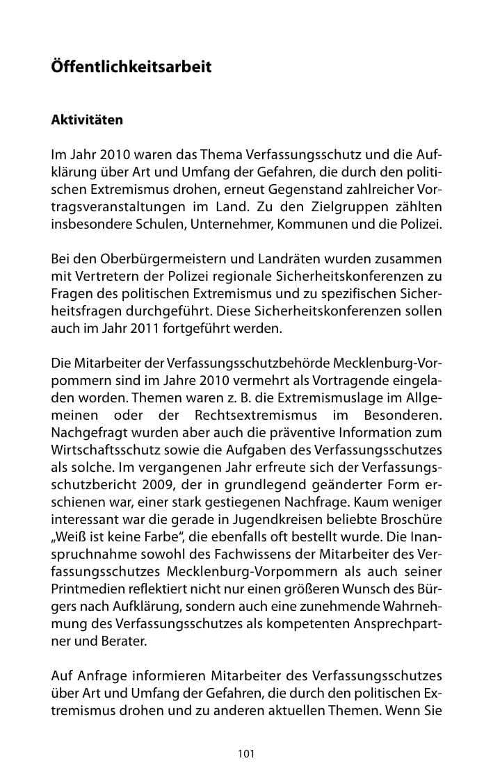 Seite 102 des Verfassungsschutzbericht 2010 Mecklenburg-Vorpommern