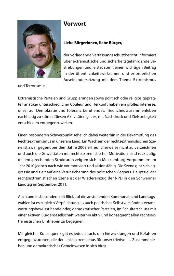 Seite 4 des Verfassungsschutzbericht 2010 Mecklenburg-Vorpommern