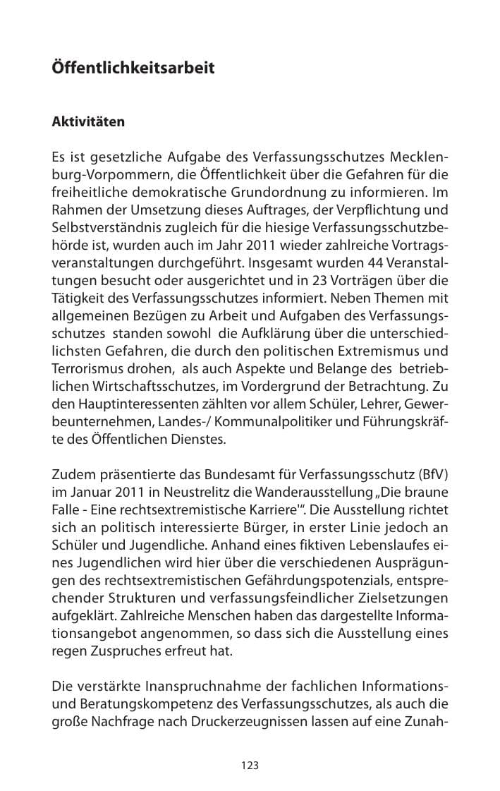 Seite 125 des Verfassungsschutzbericht 2011 Mecklenburg-Vorpommern