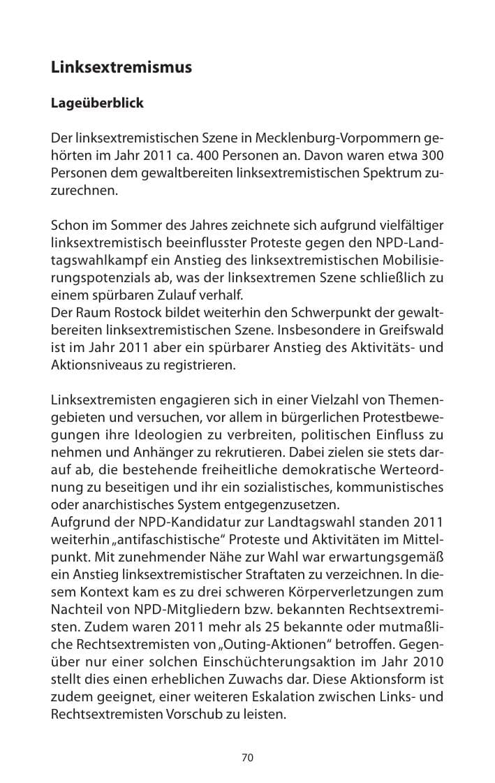 Seite 72 des Verfassungsschutzbericht 2011 Mecklenburg-Vorpommern