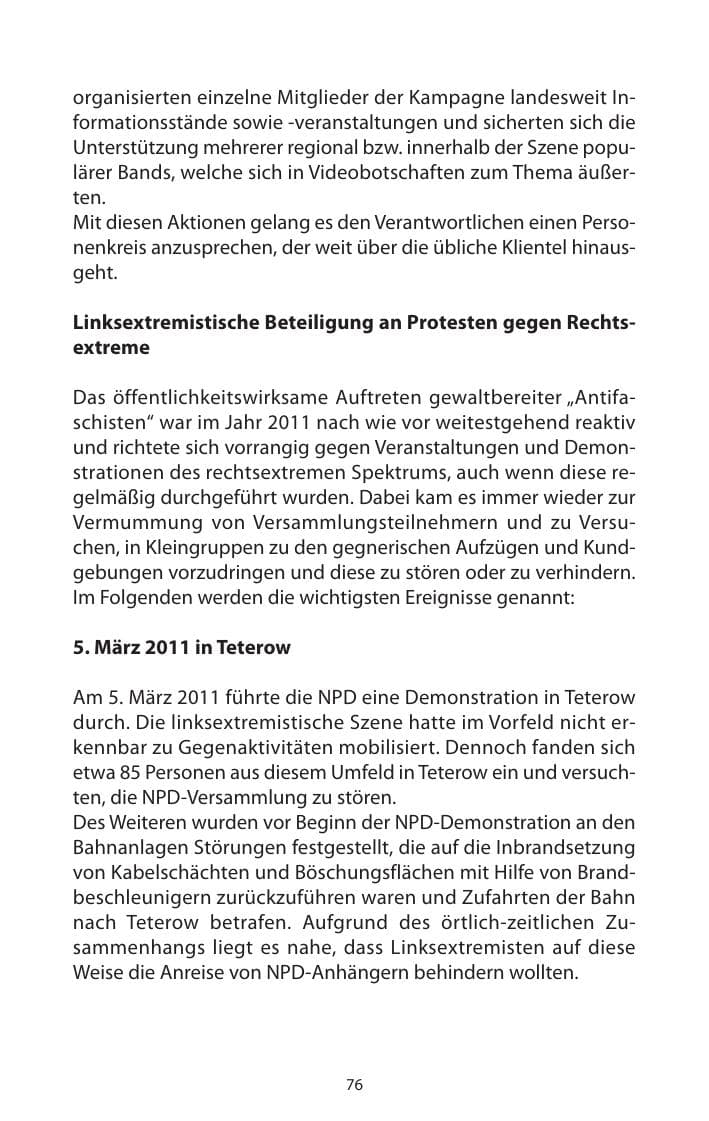 Seite 78 des Verfassungsschutzbericht 2011 Mecklenburg-Vorpommern