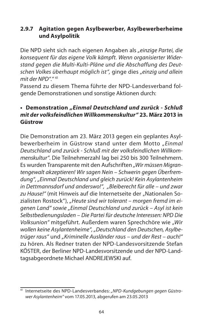 Seite 66 des Verfassungsschutzbericht 2013 Mecklenburg-Vorpommern